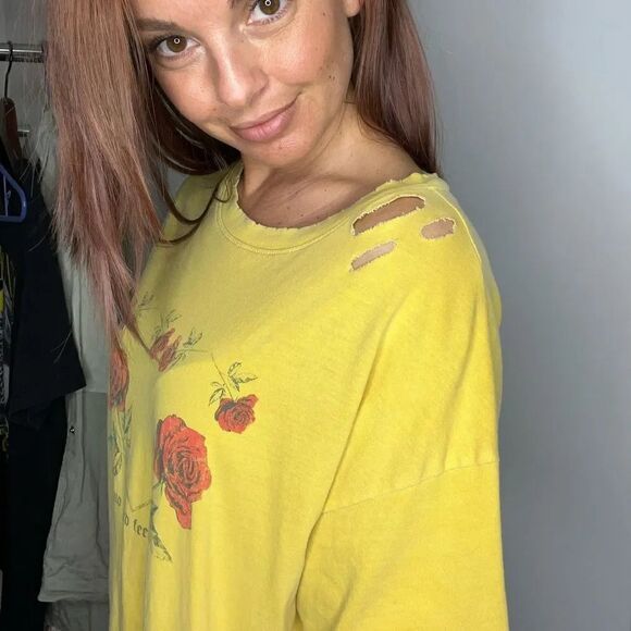 Forever 21 No Hard Feelings Distressed Short Sleeve Shirt Yellow & Red Medium - Picture 3 of 6